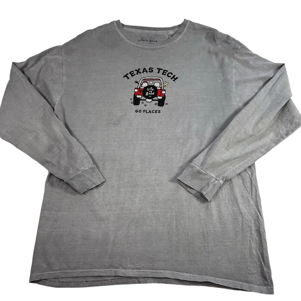 Texas Tech Life Is Good T-shirt Size L Gray Faded Vintage Wash Long Sleeve Tee